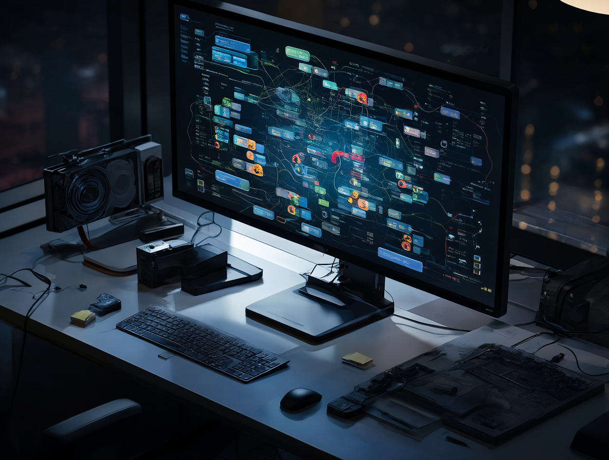 Vista de un monitor ultrawide mostrando nodos de IA sobre un escritorio con hardware avanzado.