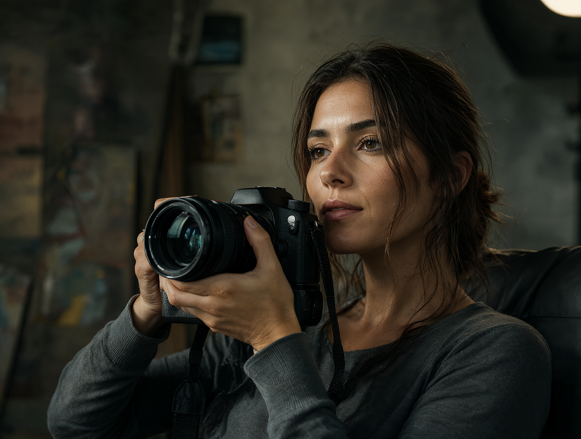 Retrato de un fotógrafo profesional trabajando junto a un modelo en un estudio.