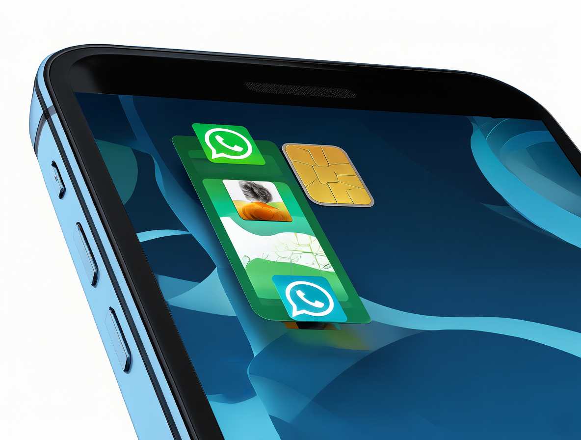 Smartphone con dos tarjetas SIM visibles y dos iconos de WhatsApp en la pantalla