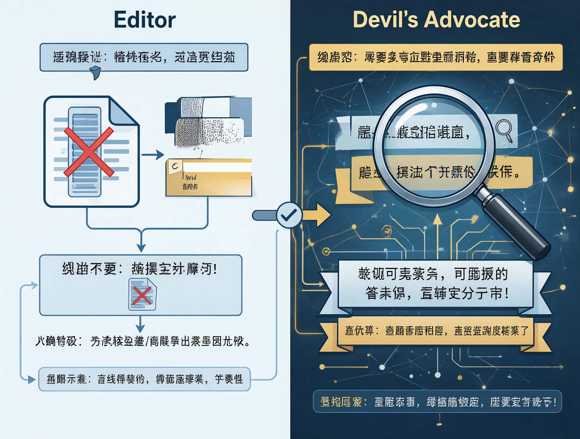 Una composición dividida que ilustra el sistema de validación en dos fases para la investigación con IA.