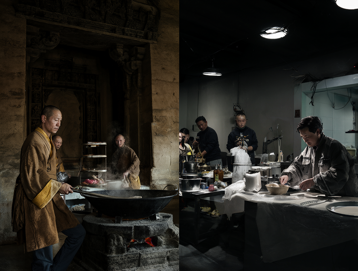 Imagen dividida entre un templo sagrado y una cocina bajo estudio.
