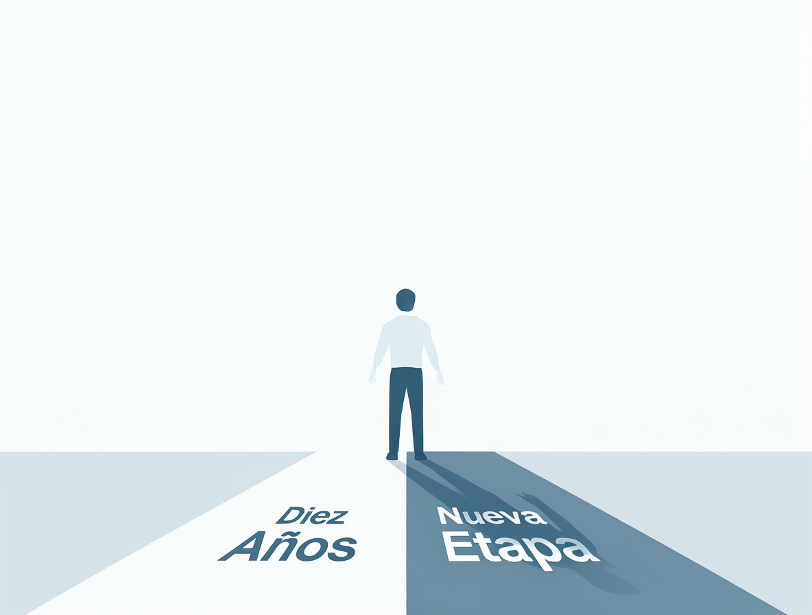 Ilustración de una persona mirando dos caminos marcados como diez años y nueva etapa.
