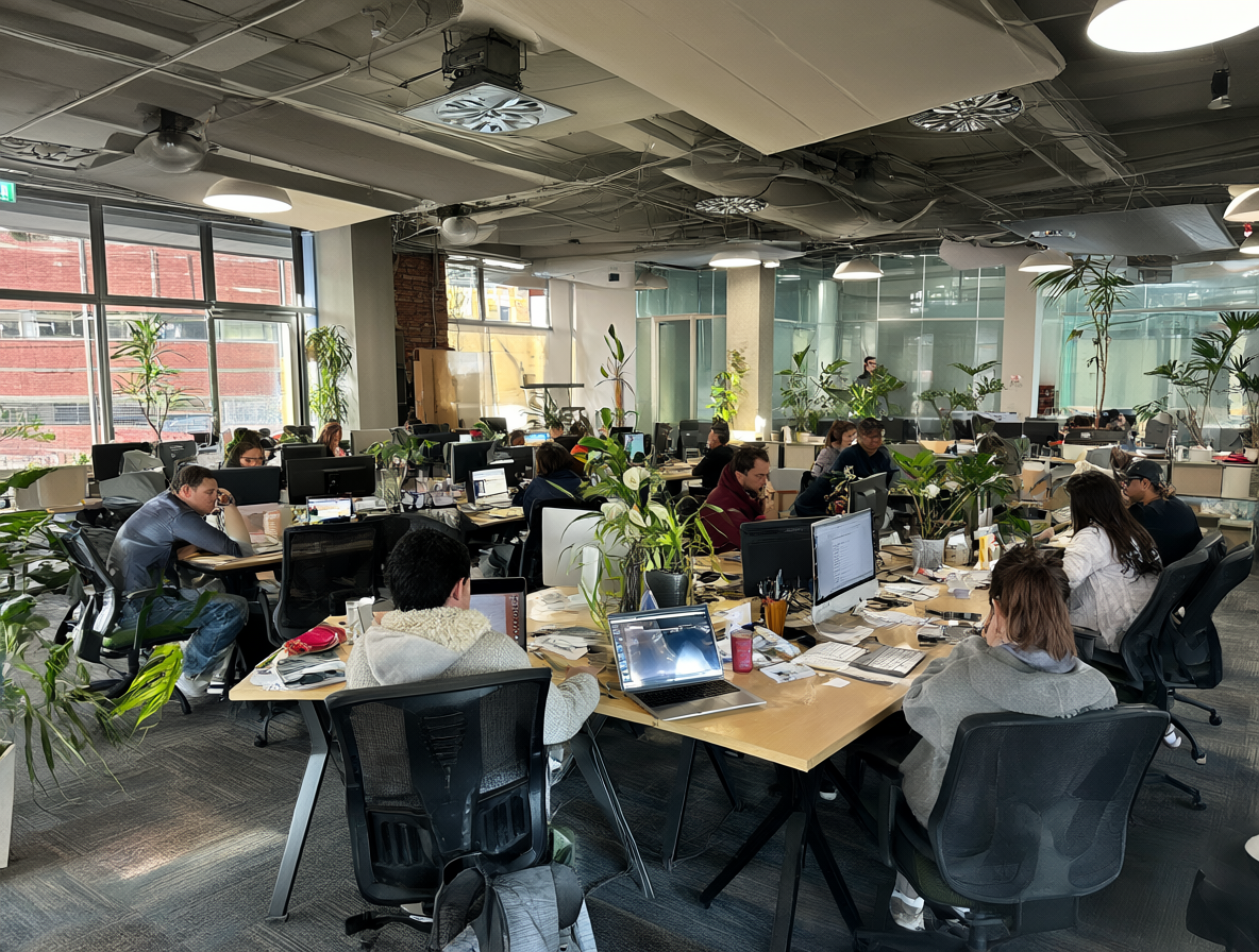 Espacio de trabajo compartido en una oficina moderna con gente colaborando