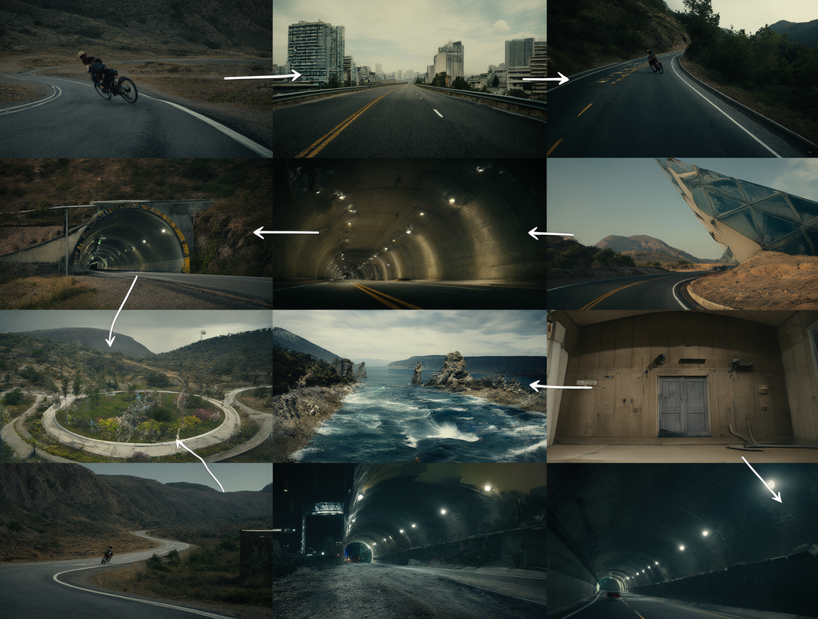 Diagrama mostrando la secuencia de escenas propuestas para el videoclip, desde un entorno realista hasta paisajes imposibles.