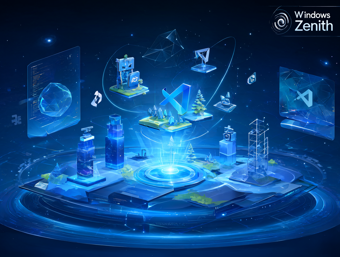 Ilustración del logotipo de Windows Zenith sobre un escritorio de desarrollo limpio con herramientas de código e IA.