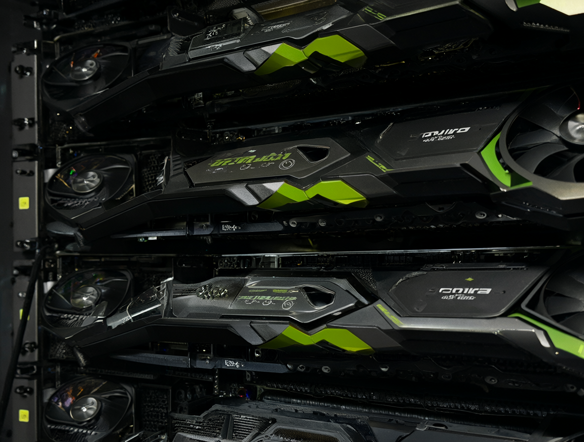 Primer plano de tarjetas gráficas NVIDIA H100 y una RTX 5090 en un entorno de servidor