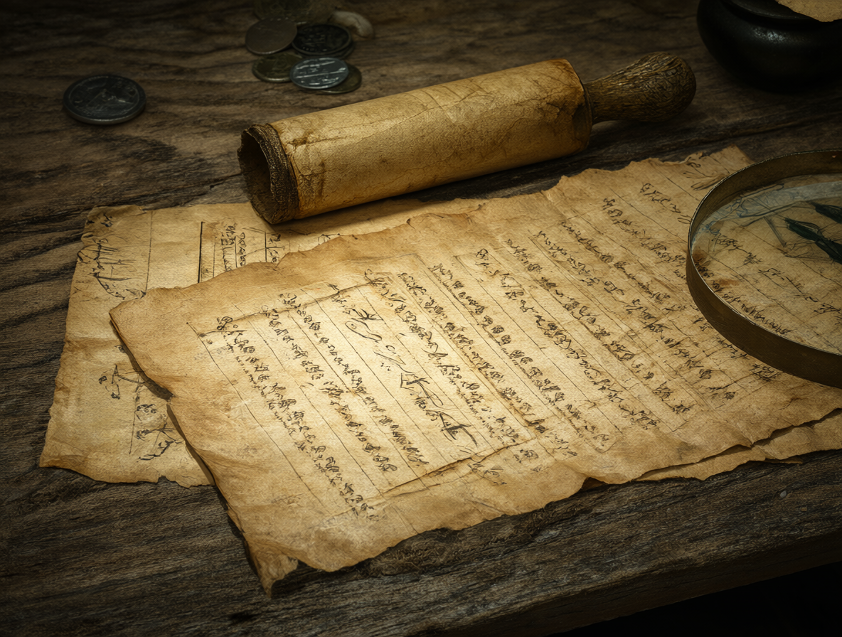 Representación visual de un antiguo pergamino y tablilla con registros de inventario