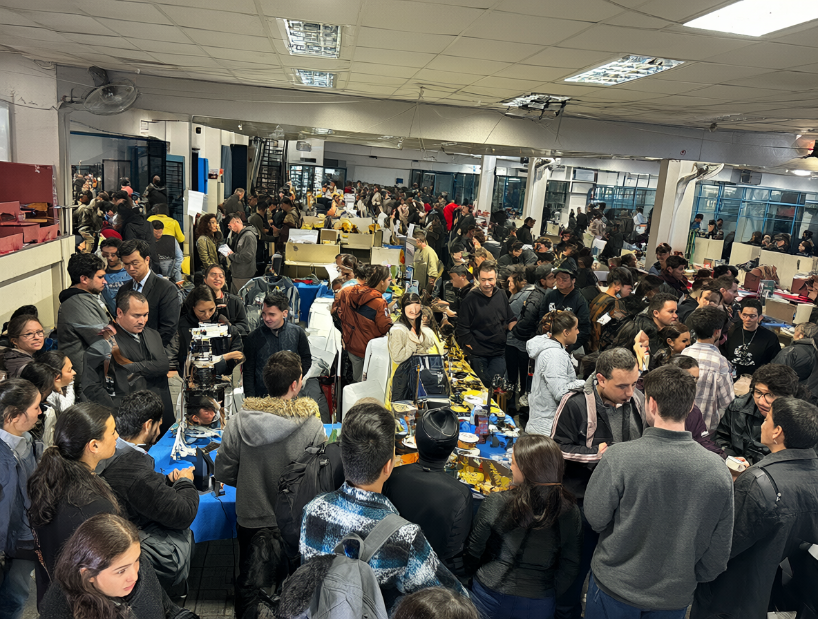 Vista panorámica de la Feria Inacap con stands de tecnología y personas networking