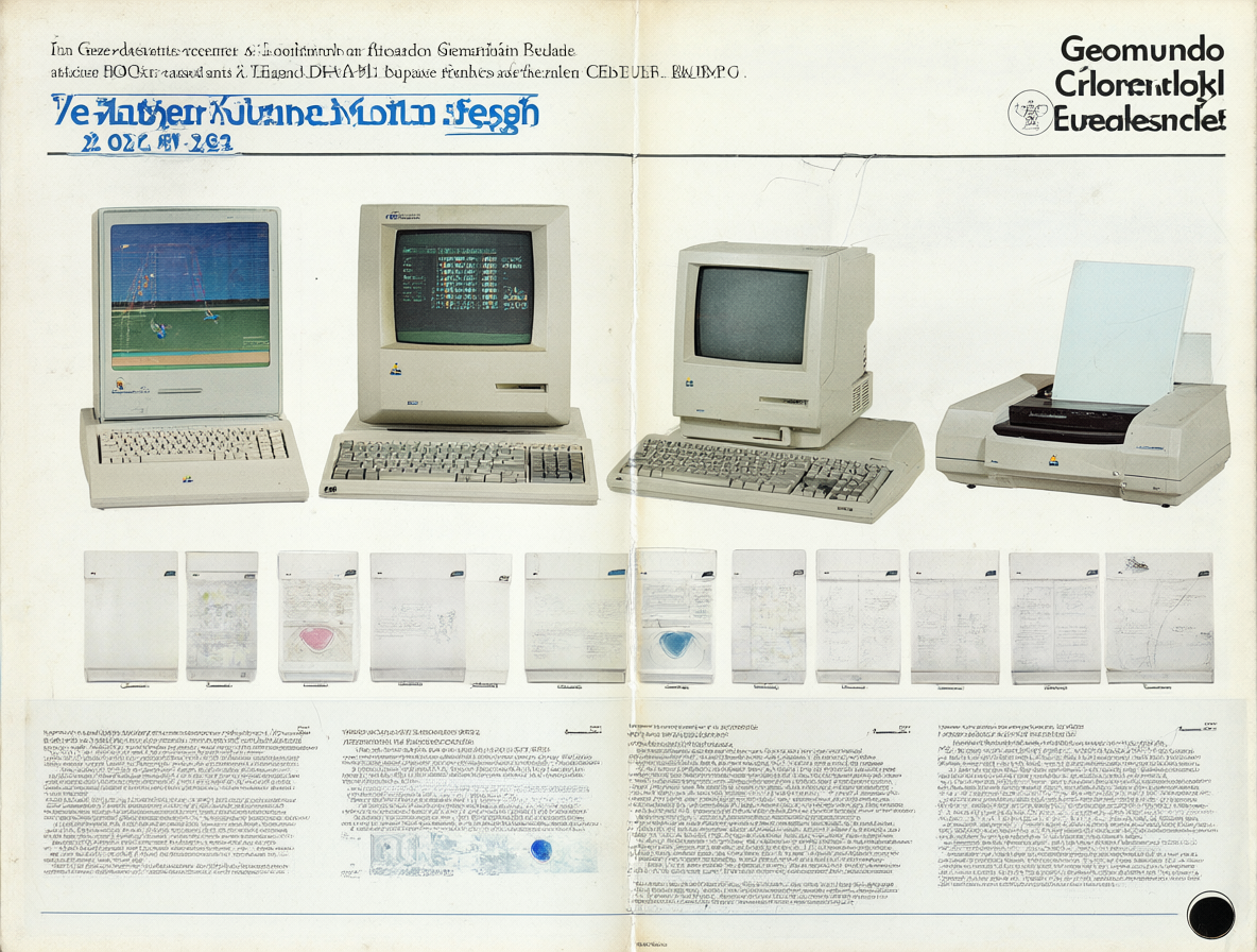Vista detallada de una página de revista vintage mostrando varios modelos de computadoras Apple y una impresora láser.