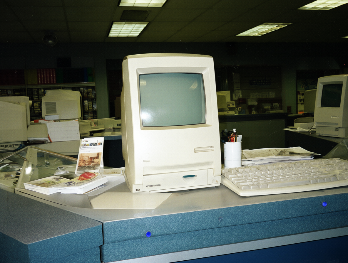 Foto histórica de una tienda mostrando un Macintosh y materiales publicitarios.