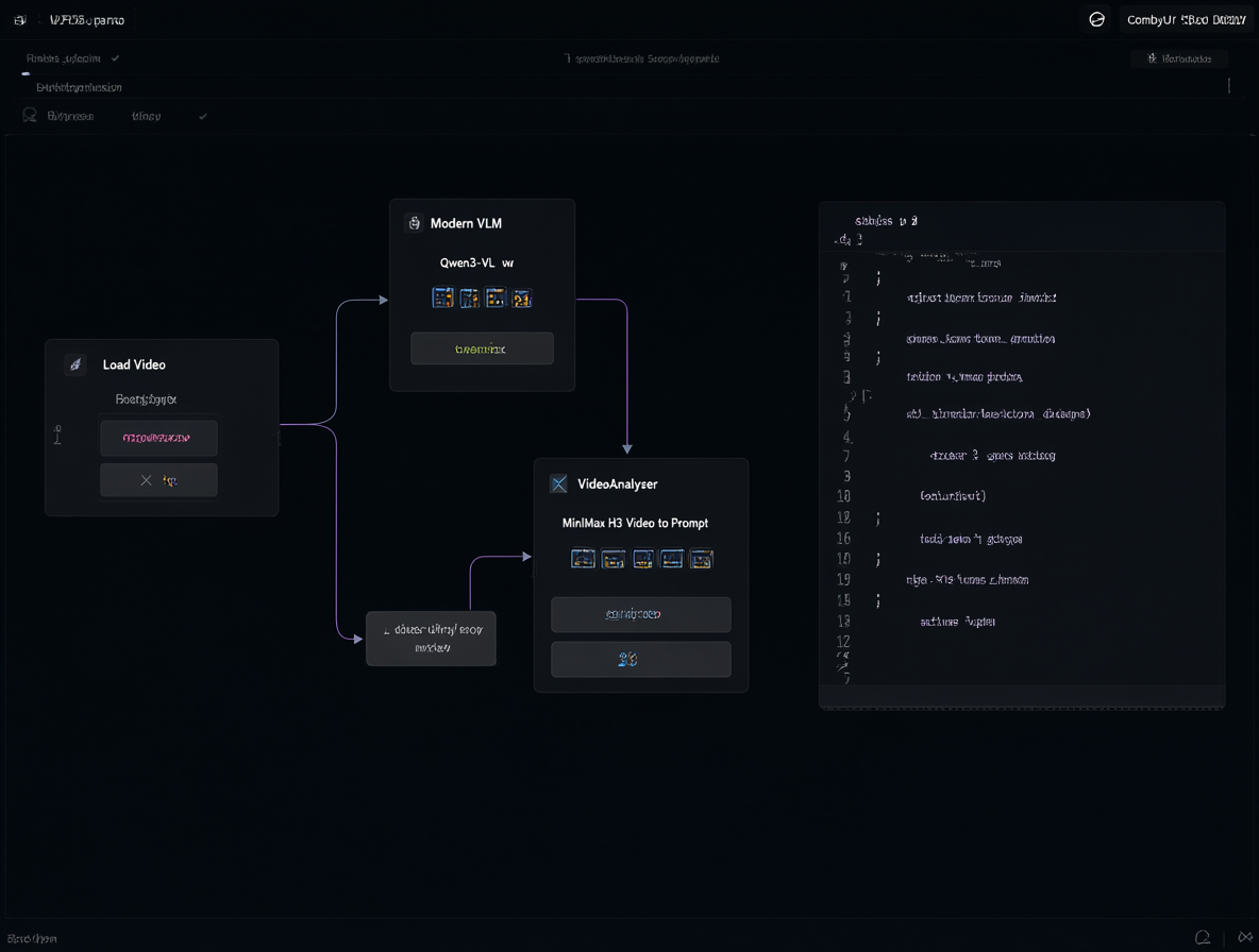 Captura de pantalla mostrando un diagrama de nodos de ComfyUI que procesa videos usando VLMs y VideoAnalyzer.