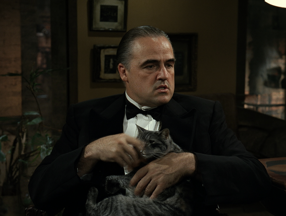 Vista del personaje Don Vito Corleone sosteniendo un gato gris en su oficina