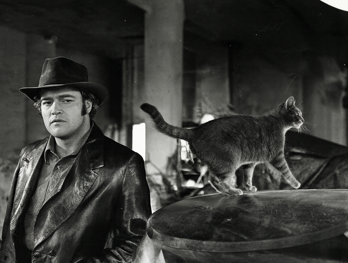 Marlon Brando en una toma junto a un gato gris