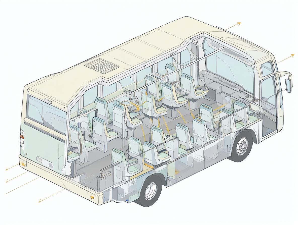 Sección transversal de un autobús mostrando la diferencia de movimiento entre los asientos traseros y centrales.