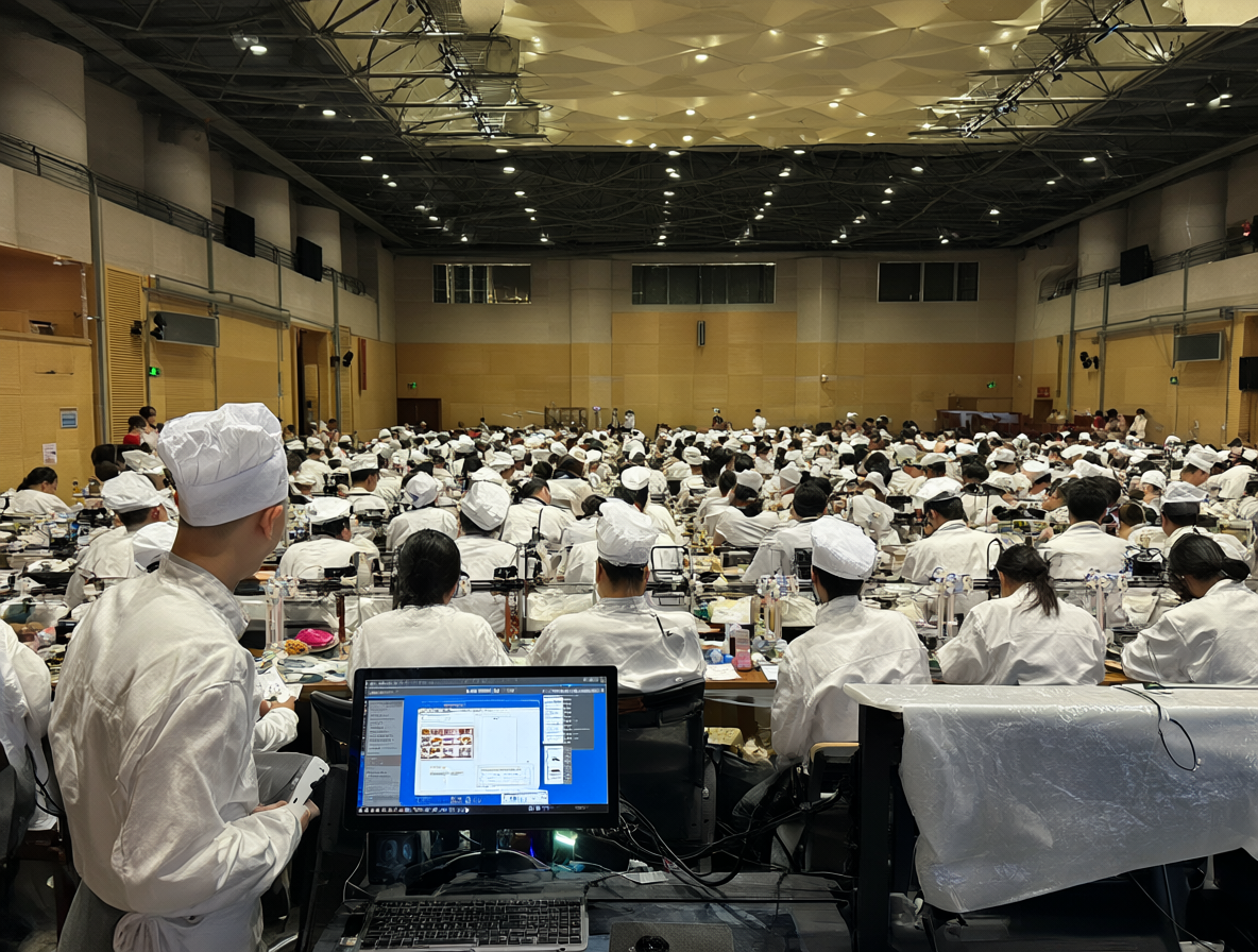 Vista del salón de conferencias en un instituto, lleno de estudiantes usando batas de chef blancas. Al frente, una persona está cerca de una impresora 3D mostrando software en su pantalla.