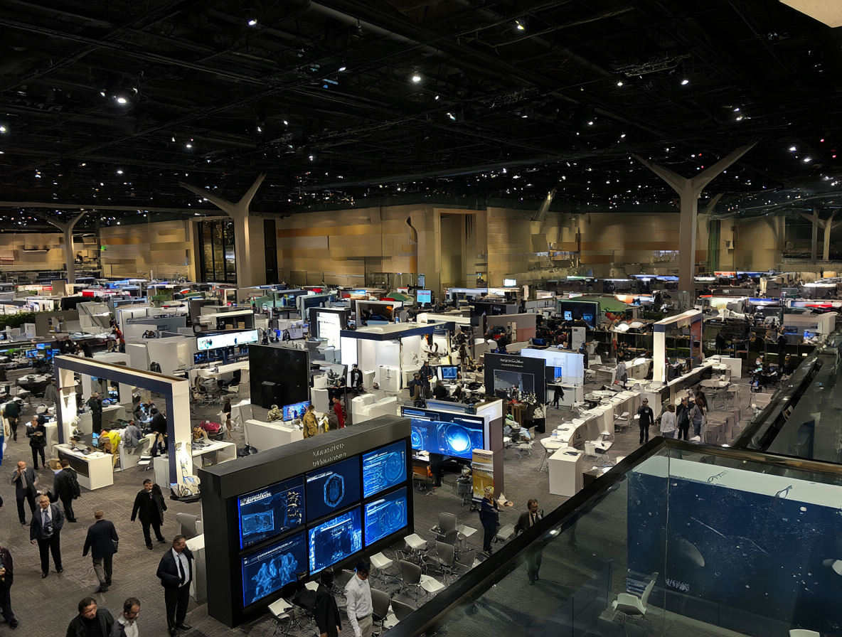 Vista panorámica de un evento tecnológico masivo con stands y pantallas modernas.