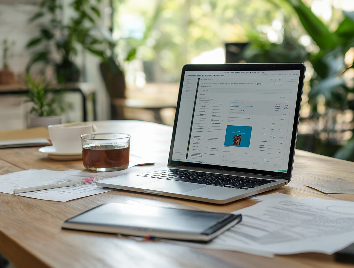 Escritorio de trabajo moderno con laptop mostrando perfil freelance