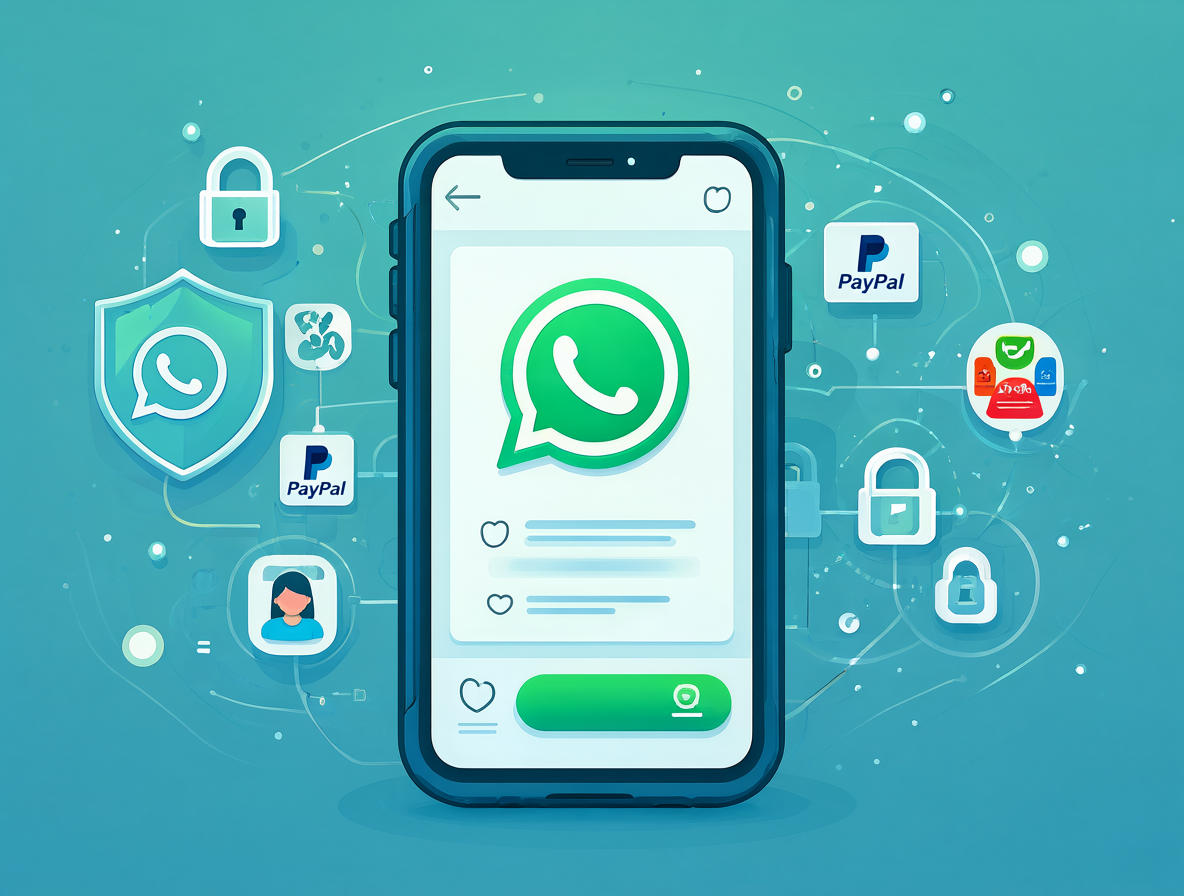 Ilustración digital mostrando un smartphone con la interfaz de WhatsApp conectada a iconos de plataformas de pago seguras como Mercado Pago y PayPal, rodeadas de símbolos de seguridad.