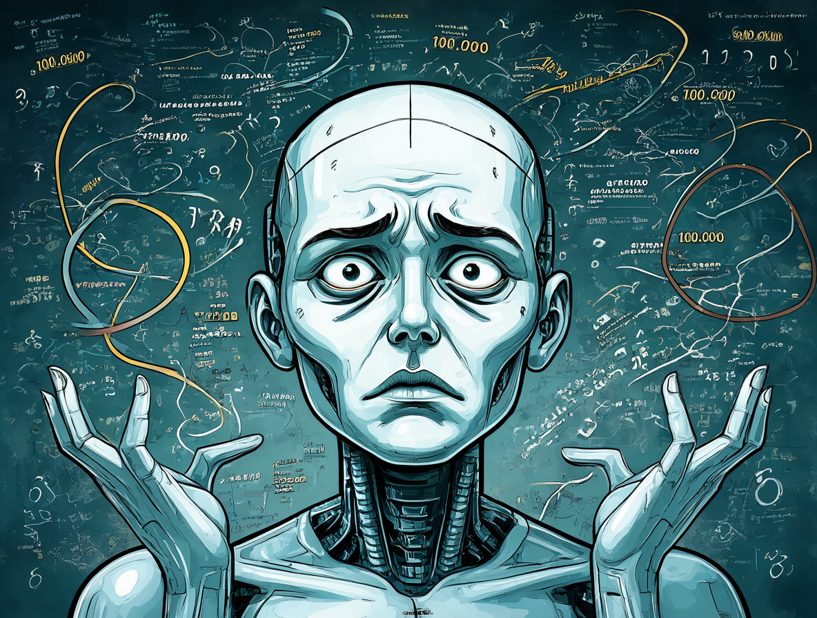Ilustración de un sistema de inteligencia artificial frustrado rodeado de datos infinitos y código