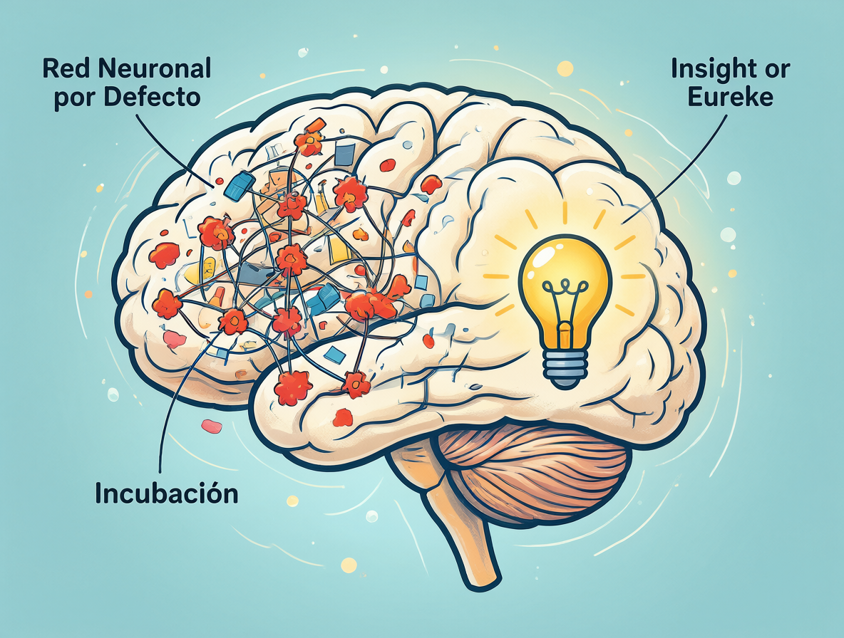 Diagrama conceptual del cerebro mostrando la incubación y el momento de insight tras descansar.