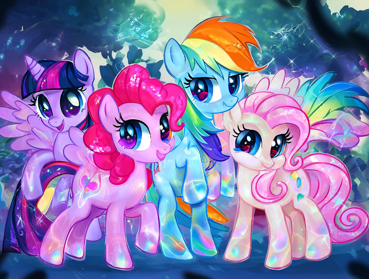 Cuatro ponis de My Little Pony G6 posando juntos en un entorno mágico.