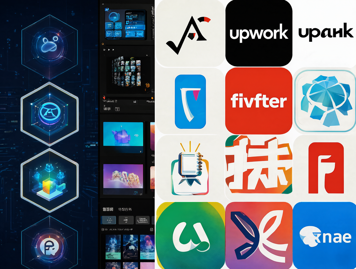 Imagen mostrando herramientas de edición digital conectadas a logotipos de plataformas freelance, simbolizando el mercado de trabajo remoto para editores.