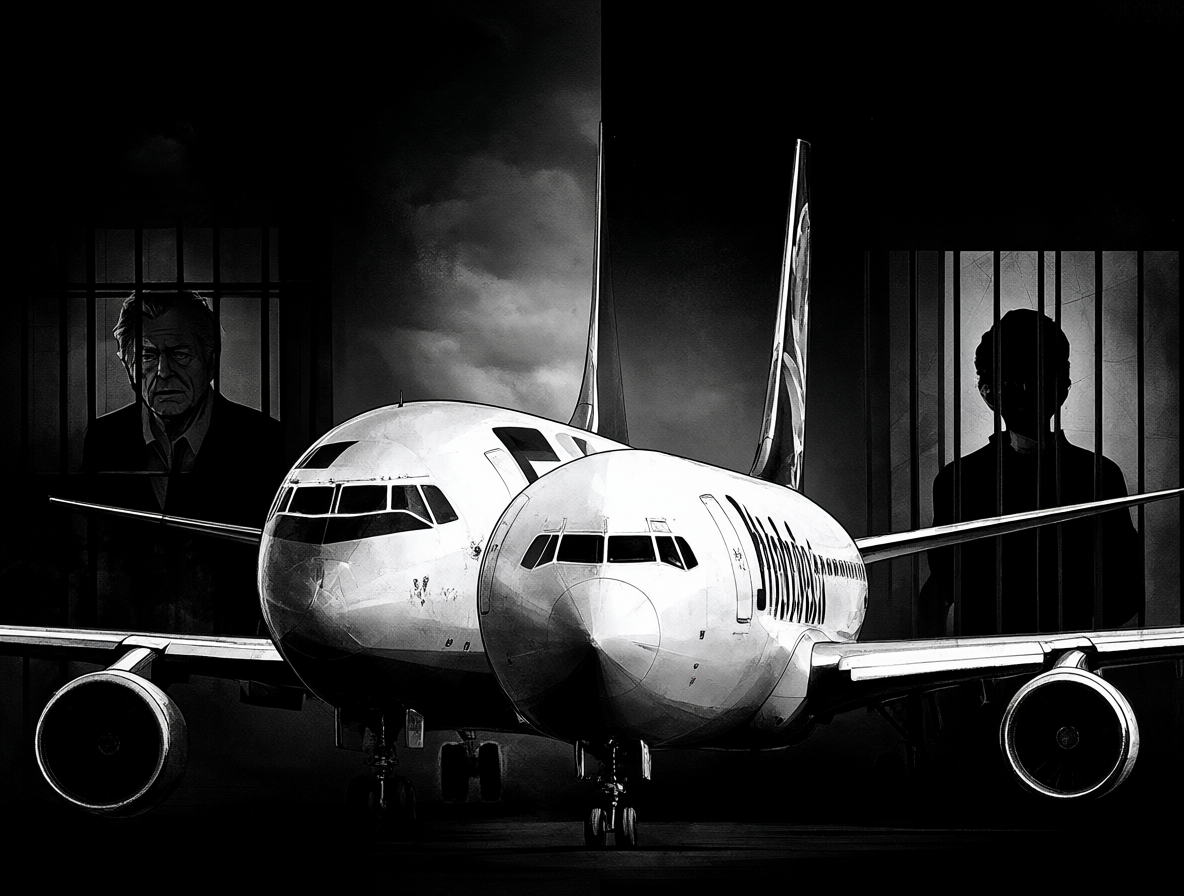 Split illustration of a vintage FedEx DC-10 and a modern Flydubai jet, showing silhouettes of two pilots in prison cells to contrast past and present aviation crime.