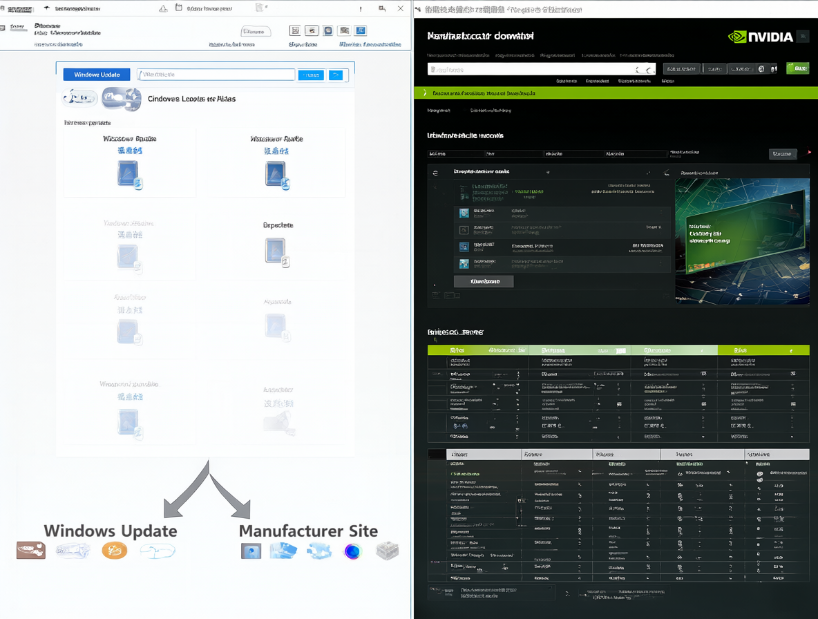 Una imagen dividida mostrando la interfaz de Windows Update a la izquierda y una página de descarga de un fabricante como NVIDIA a la derecha, con flechas que indican cuál fuente usar para qué tipo de driver.