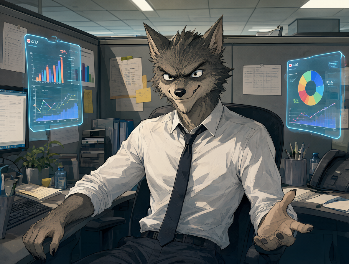 Ilustración de un hombre lobo trabajando en una oficina con gráficos flotantes de estadísticas