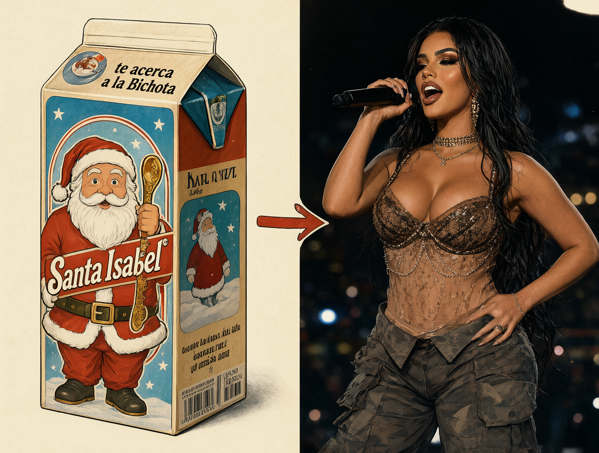 Ilustración mostrando un envase de leche Santa Isabel junto al texto del anuncio y a la cantante Karol G