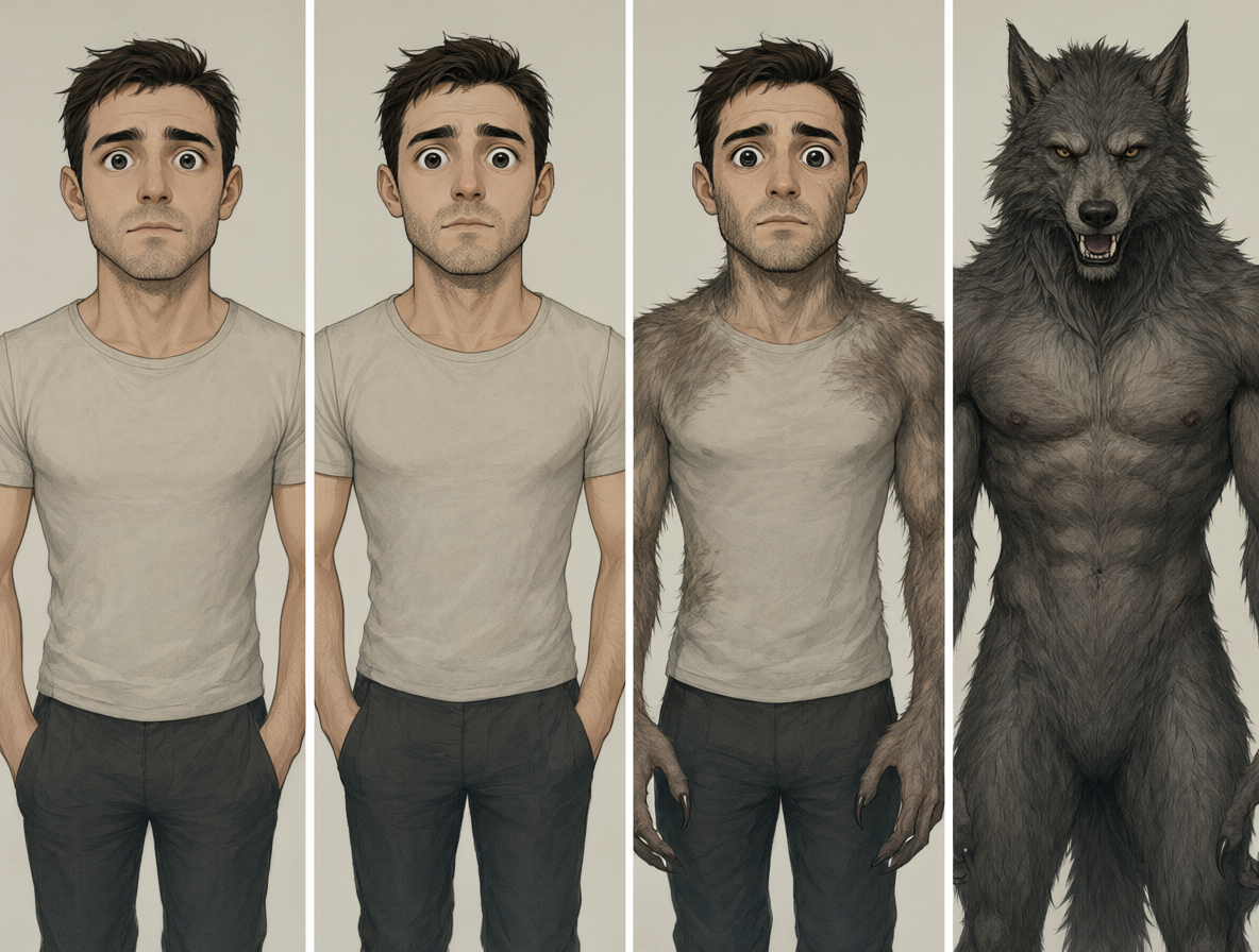 Four-panel illustration showing the progressive anatomical changes from human to werewolf.