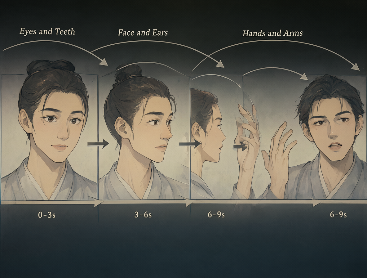 Timeline chart showing the sequence of transformation stages from eyes to torso.