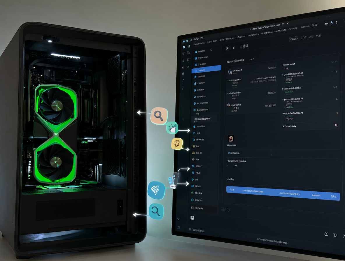 Imagen mostrando una tarjeta gráfica RTX 3090 y la interfaz de LM Studio conectada a motores de búsqueda.