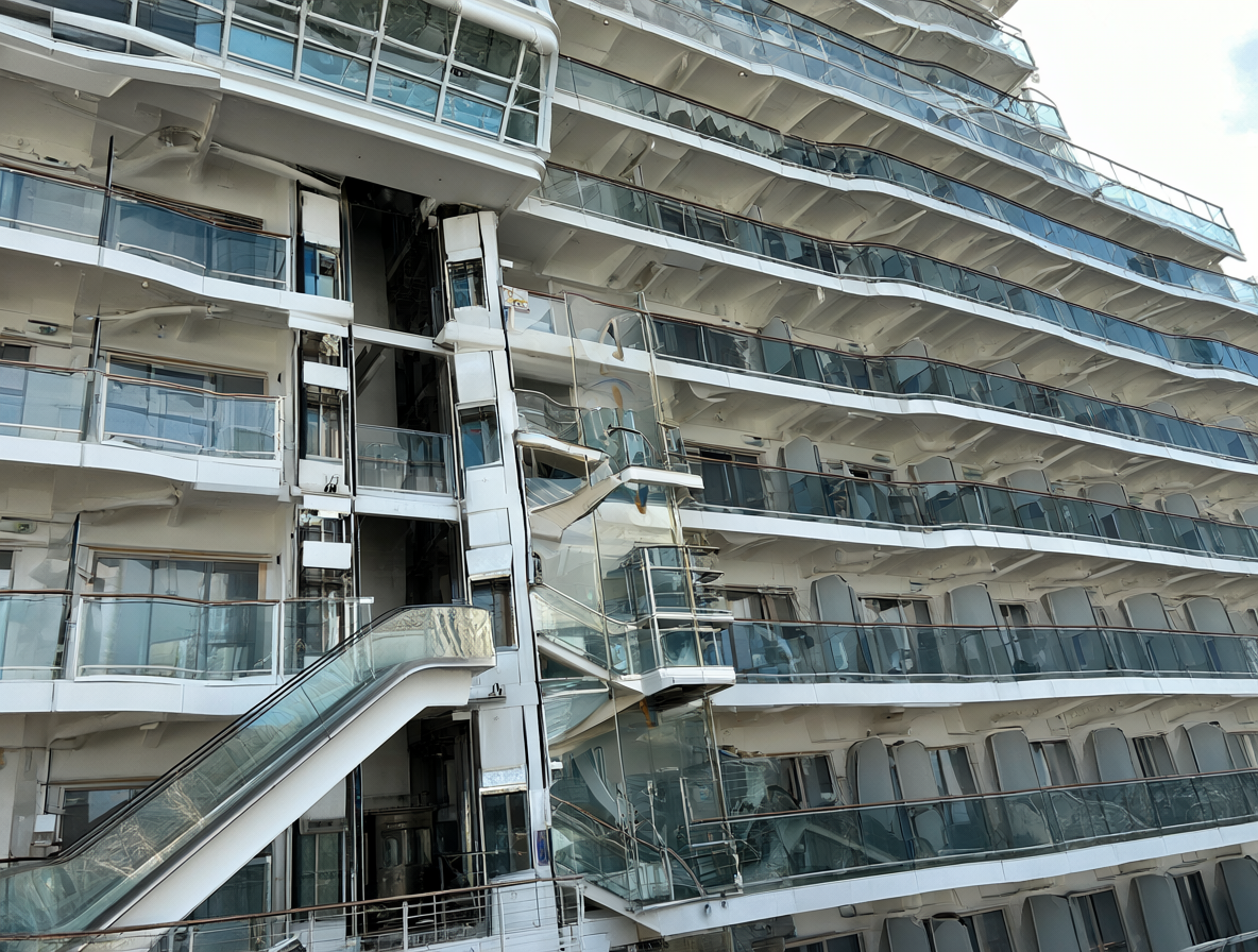 Vista del lobby de un gran crucero, con ascensores y escaleras mecánicas conectando diferentes niveles de la nave.