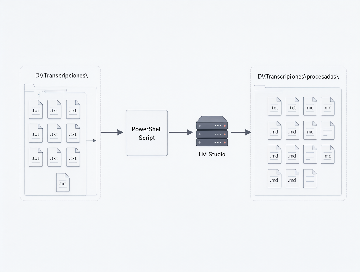 Un diagrama técnico que muestra el flujo de trabajo de procesamiento por lotes en Windows con una carpeta de entrada, un script central y una carpeta de salida.