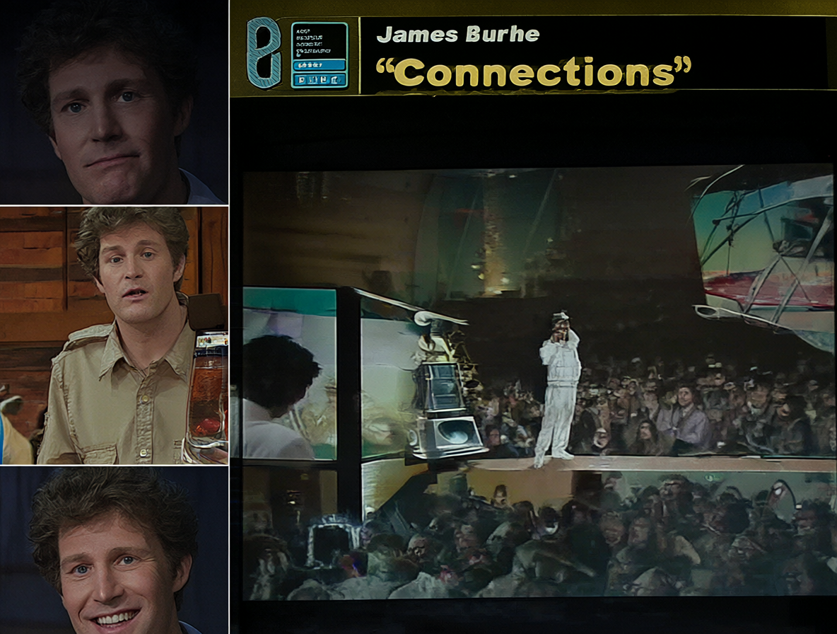 A bento-grid layout illustration showing James Burke presenting Connections, a title card from the 1978 BBC documentary series, and a screenshot of an episode featuring historical connections between disparate technologies.