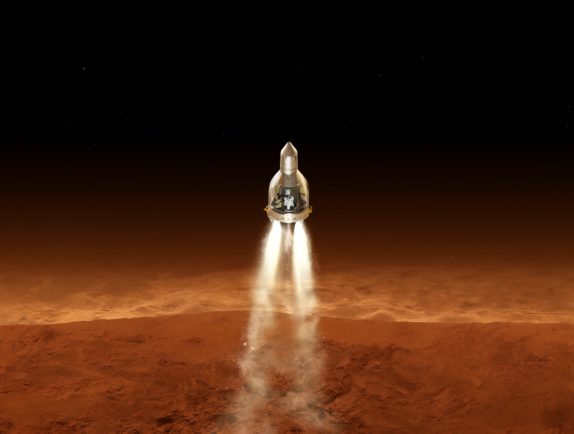 Cohete pequeño despegando desde Marte con astronautas visibles