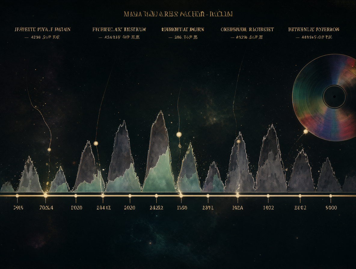 Línea de tiempo mostrando la evolución del audio desde álbumes mono tempranos hasta maestros estéreo de alta calidad en los años 60.