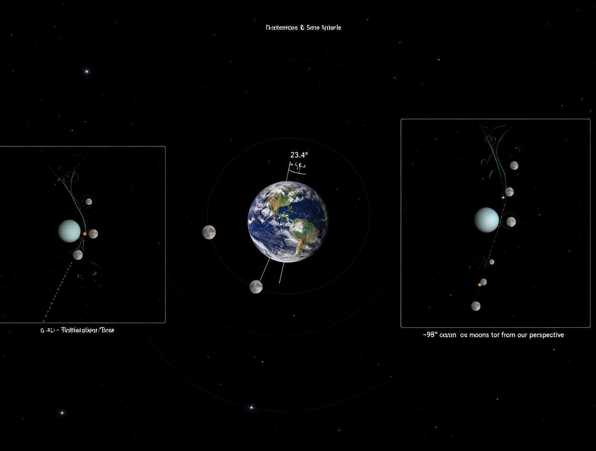 Diagrama científico que muestra las órbitas de la Luna alrededor de la Tierra con su inclinación de 5.1° respecto a la eclíptica, junto con un panel secundario sobre Urano inclinado 98°, mostrando cómo sus lunas giran en un plano vertical.