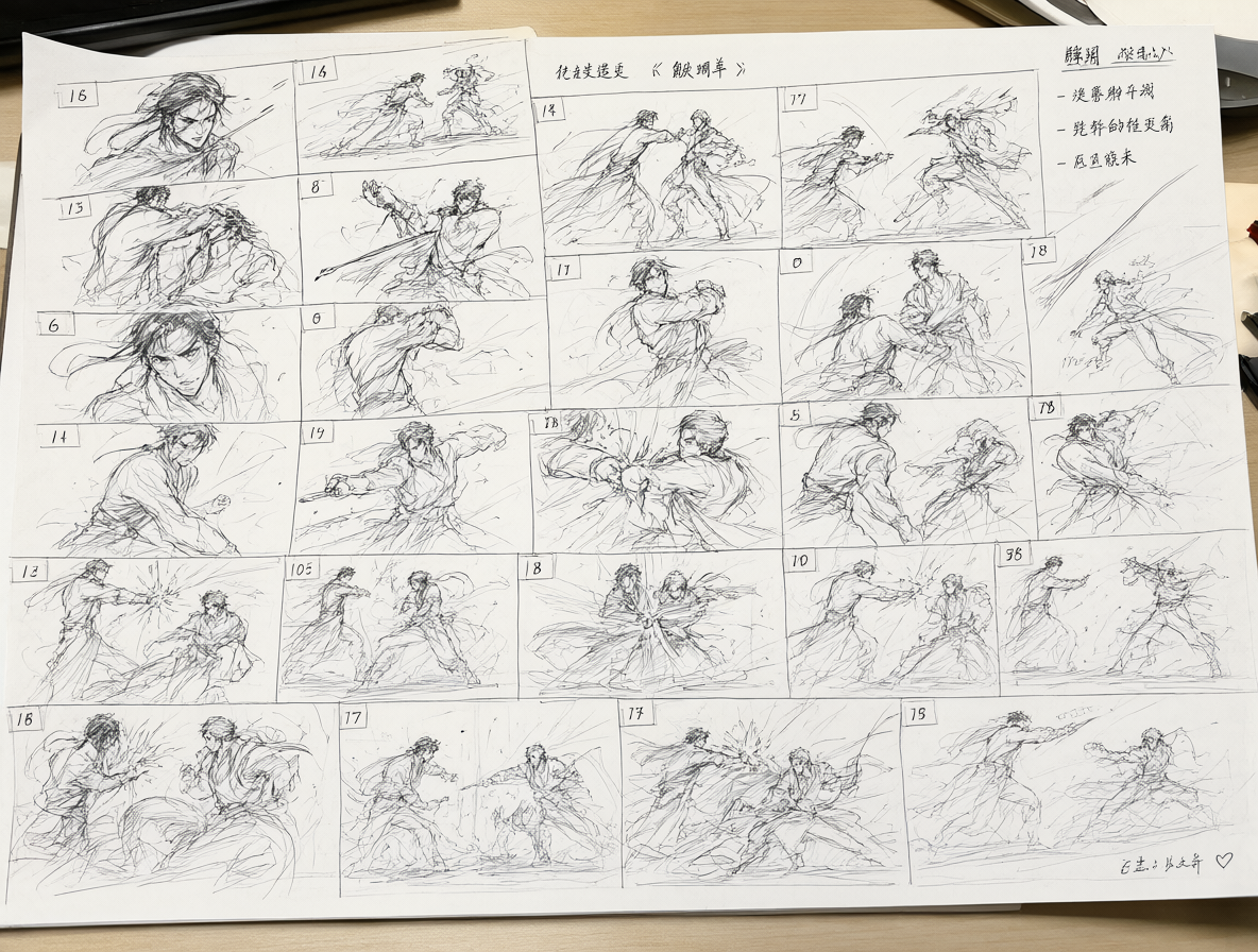 Un plano detallado de un storyboard y una lista de disparos dispuestos sobre una mesa de trabajo para la planificación de una producción.