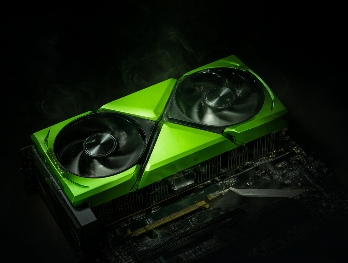 Una tarjeta gráfica RTX 3060 verde brillante con ventiladores girando y humo saliendo por los disipadores, sobre una placa base oscura.