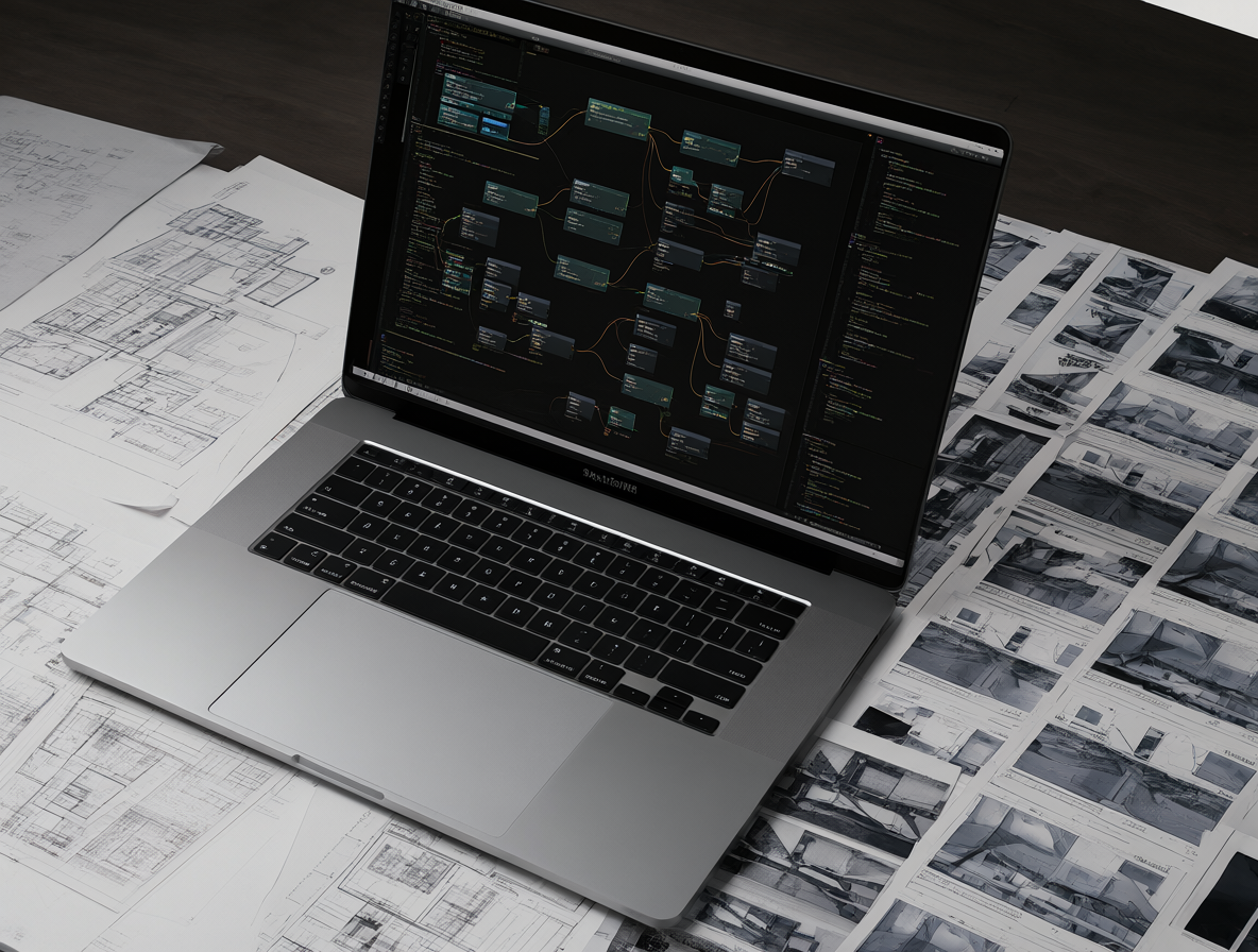 Render 3D de un escritorio con una laptop mostrando nodos de software y documentos físicos de planos y storyboards.