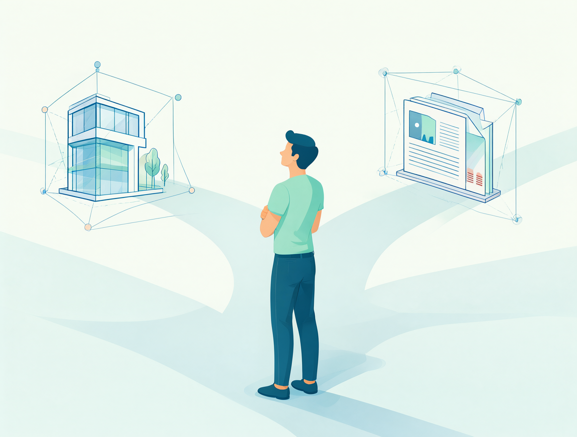 Ilustración conceptual de una figura en una encrucijada laboral entre la arquitectura y los medios de comunicación.