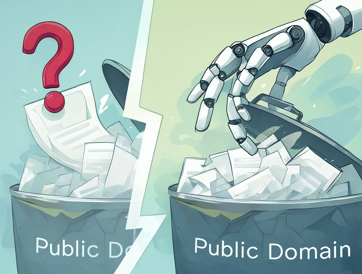 Illustration of a robotic hand and a trash bin representing the copyright misconception.