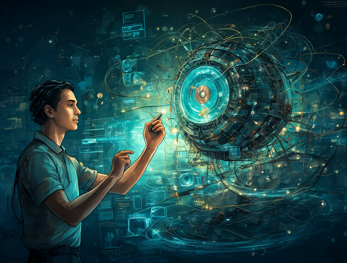 Human guiding an AI machine to represent creative intervention.