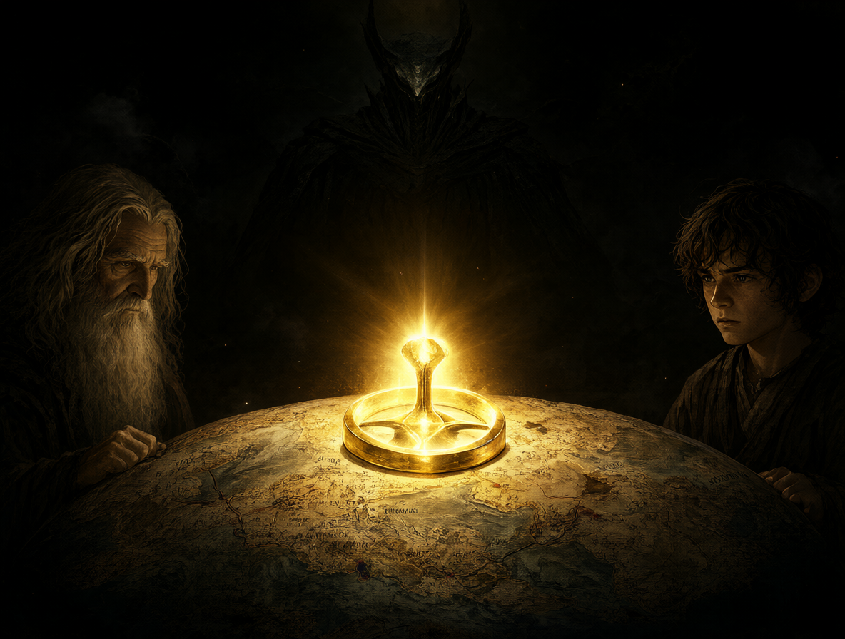 Mapa de la Tierra Media con el Anillo Único brillando en el centro, rodeado por Gandalf y Frodo, mientras Sauron lo observa desde el fondo.