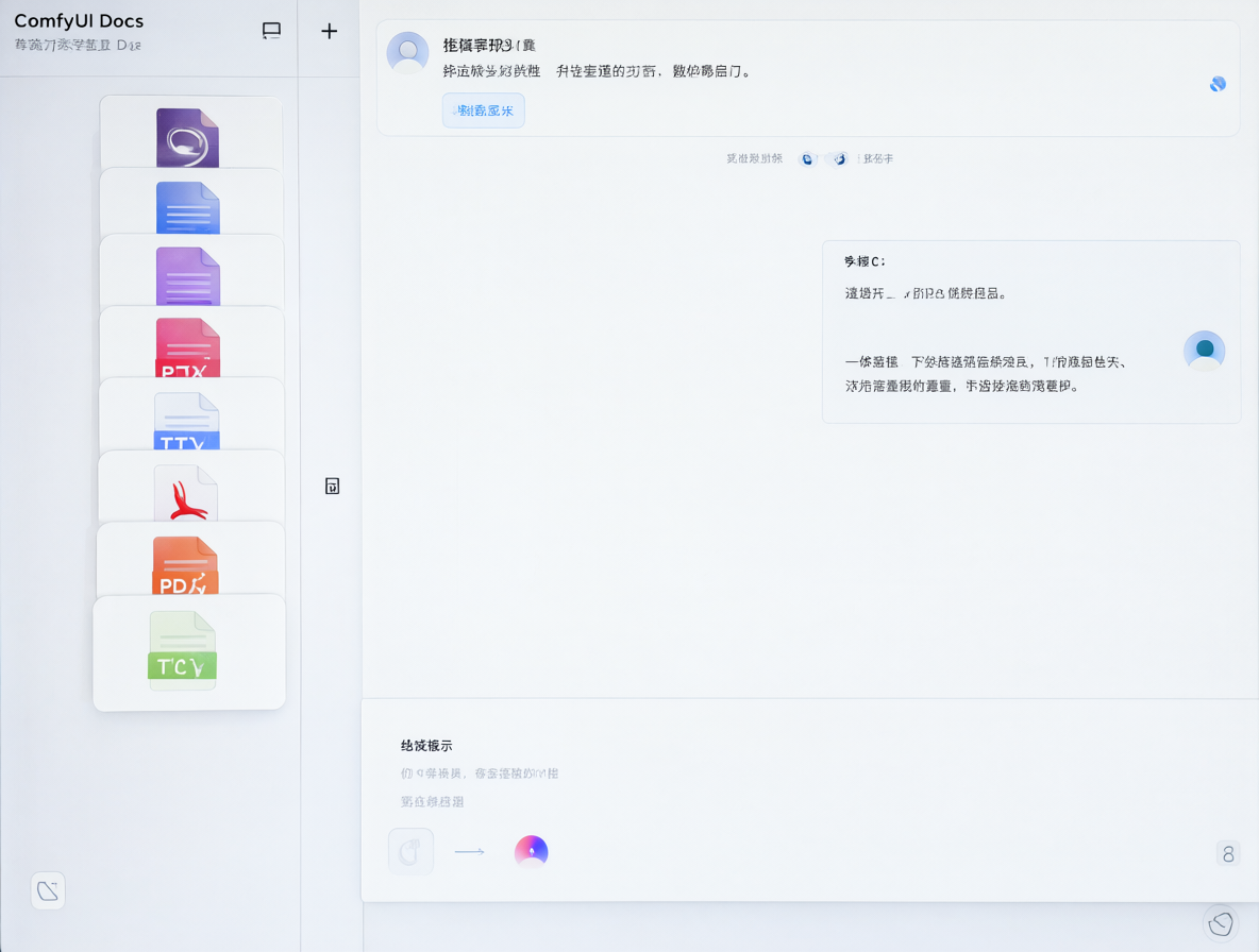 Vista de una interfaz de software con archivos documentales cargados en un workspace llamado ComfyUI Docs.