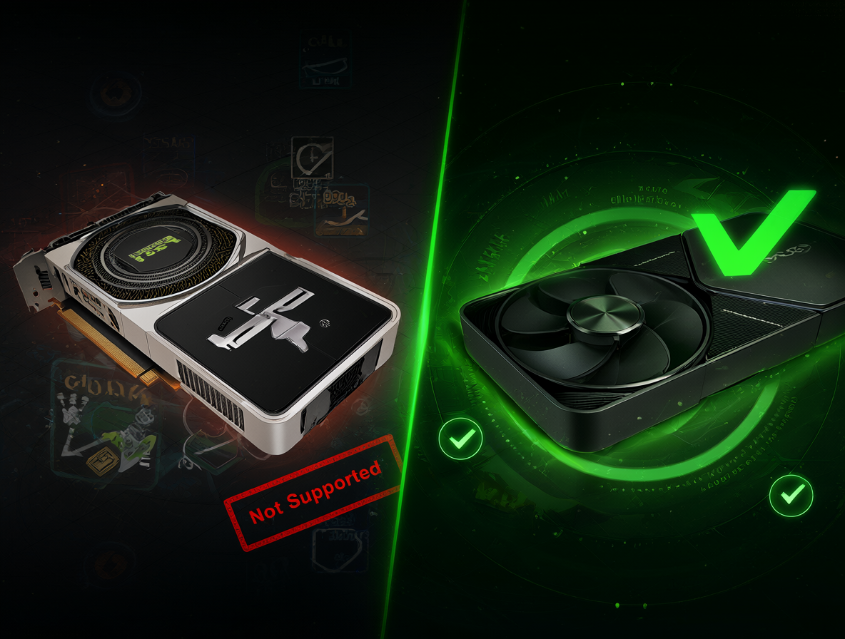 Ilustración dividida mostrando una Nvidia Tesla V100 sin soporte para CUDA 13 y una RTX 3090 con compatibilidad moderna.