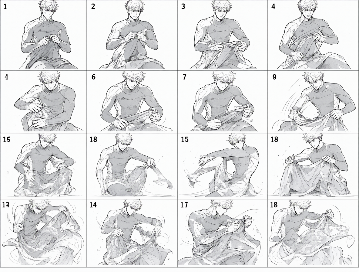 Four-panel grid showing the step-by-step breakdown of an action.