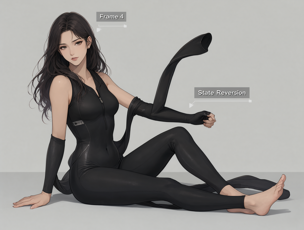 Ilustración digital de un modelo de IA fallando en mantener el estado físico de una prenda mientras cambia su postura corporal.